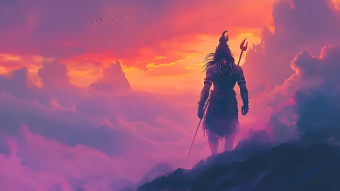 Backlit mythic warrior silhouette against volumetric cloud sunset