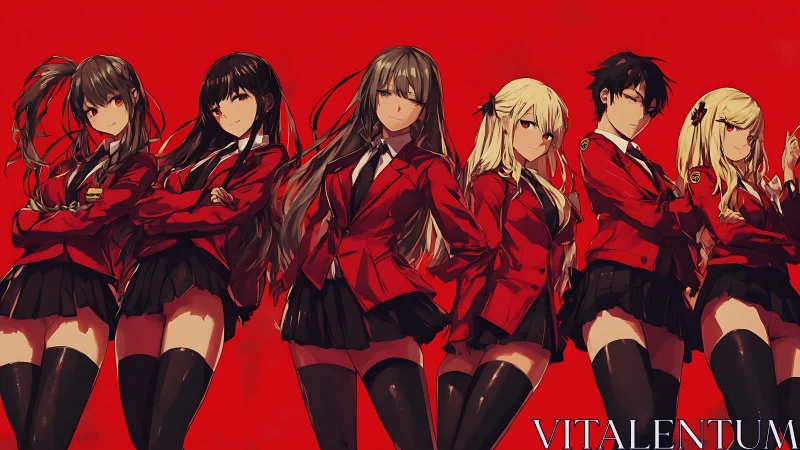 Elite anime students stand united in red school blazers.