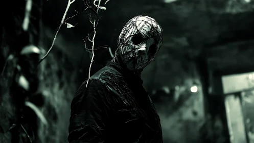 Masked figure in decayed corridor under cinematic low key light.