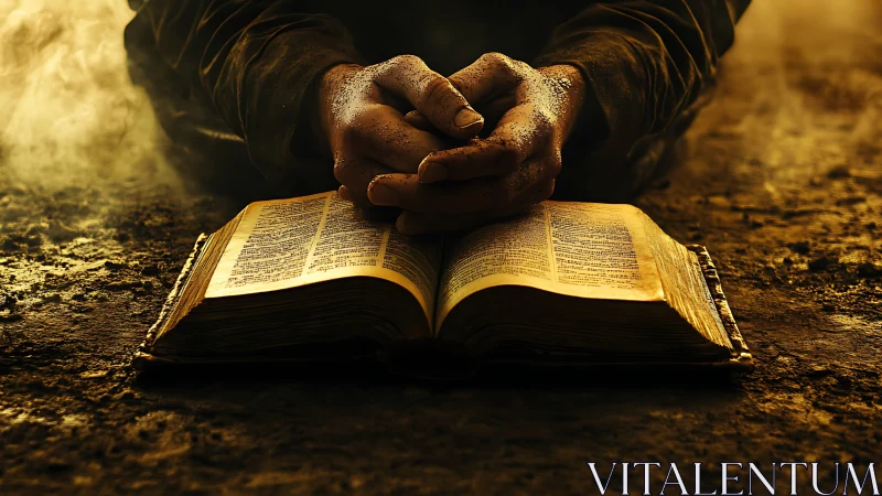 Hands rest on open Bible on rough ground in warm light
