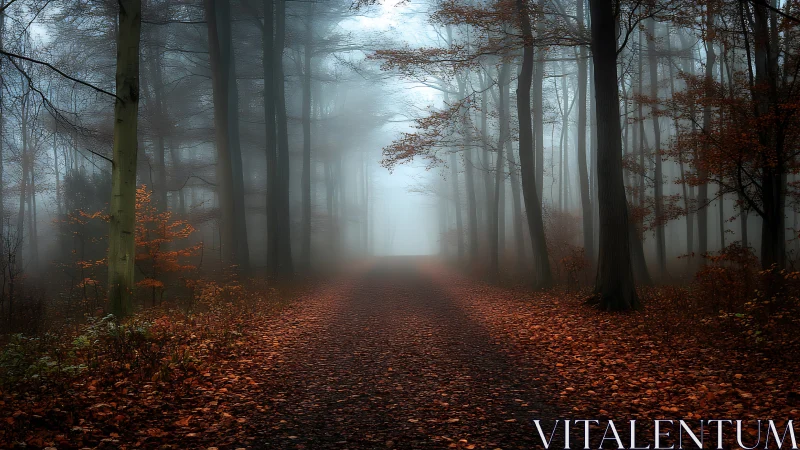 Autumn's Misty Corridor: Where Light Beckons Through Bare Trees.
