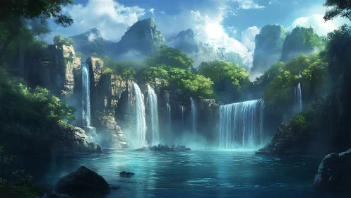 Luminescent tiered waterfalls in mist-laced mountain basin.