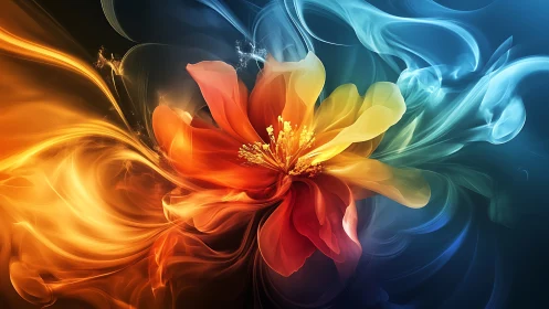 Vibrant digital flower with swirling fire and water colors.