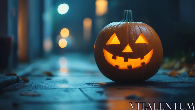 Carved jack o lantern glows on wet street in misty dusk