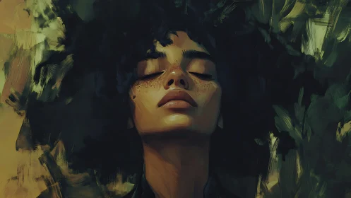 Serene freckled portrait in abstract green brush textures