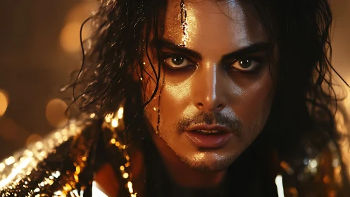 Intense golden portrait celebrates bold gaze and dramatic light