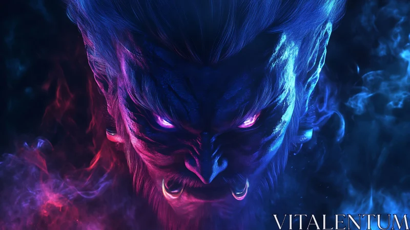 Demonic blue face with glowing eyes in colored smoke.