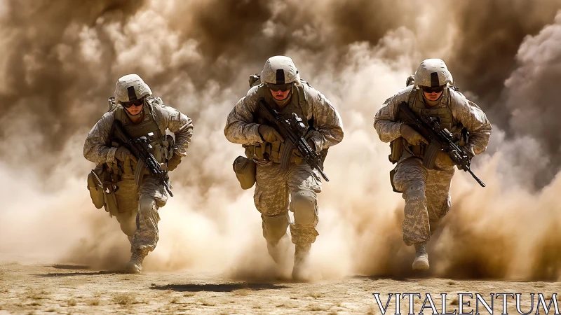 Duststorm vanguard: three soldiers sprint through battle haze.