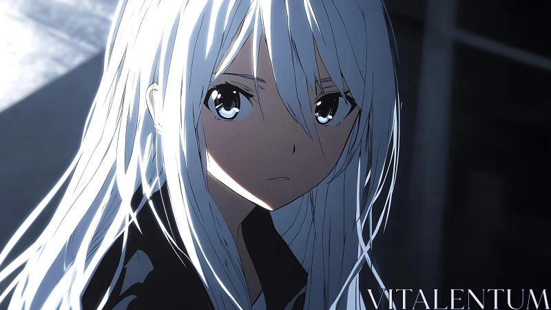 Silver-haired anime girl gazes ahead in soft shadowed light.