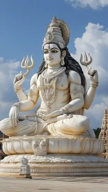 Monolithic white Shiva statue in meditative padmasana under daylight