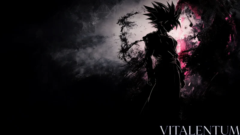 Shadow-charged warrior standing before swirling cosmic storm.