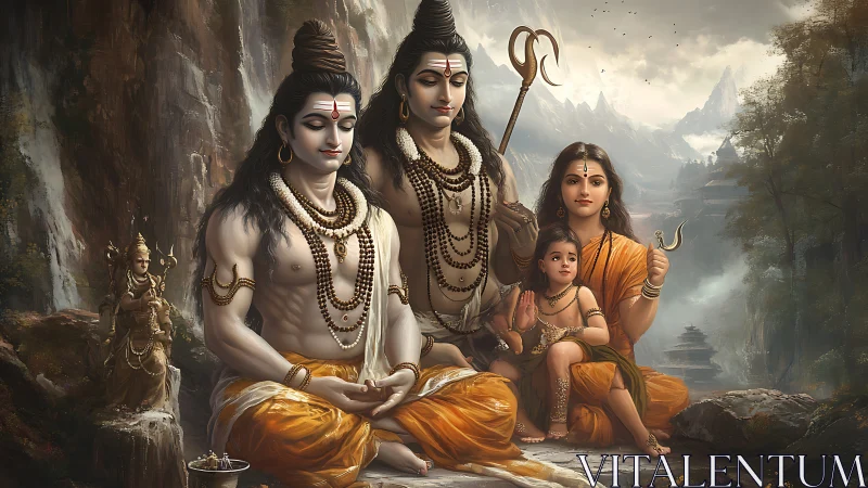 Mountain-silent divine family bathed in saffron serenity.