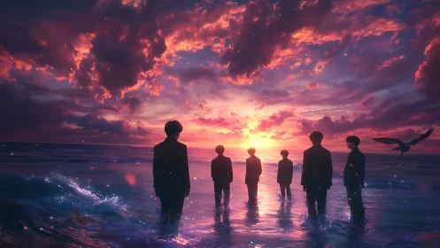 Sunset tide of quiet friends walking toward tomorrow.