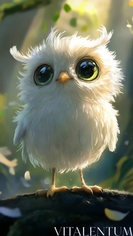 White fledgling owl with oversized eyes on sunlit forest perch
