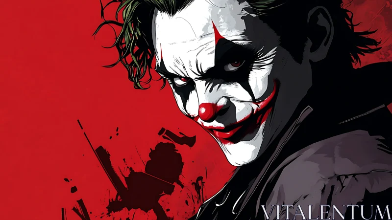 Blood-red grin and painted menace in stark graphic chaos.