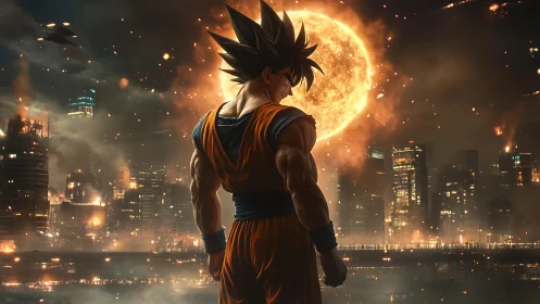 Anime fighter silhouette before burning futuristic cityscape.