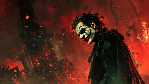 Lone chaos jester stalks a burning, blood-red cityscape.