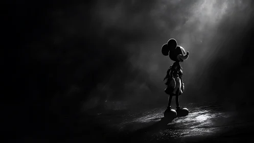Cartoon mouse silhouette in dramatic black and white light.