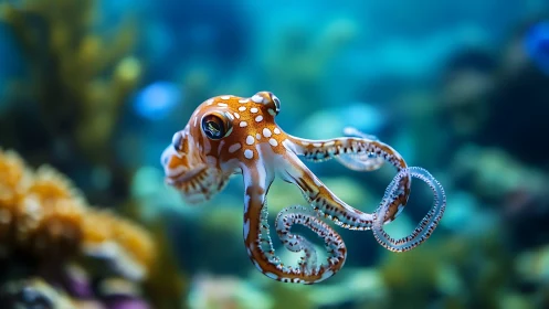 Curious little octopus glides through a sunlit coral home