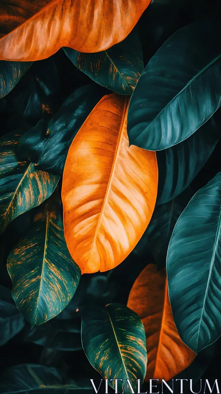 Macro foliage study with teal&ndash;orange chromatic contrast.