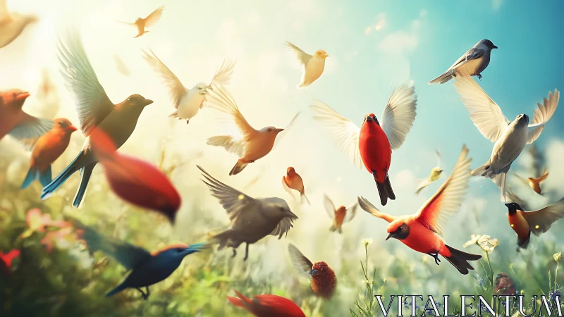 Colorful Birds in Flight Over Meadow, Soft Dreamlike Style.