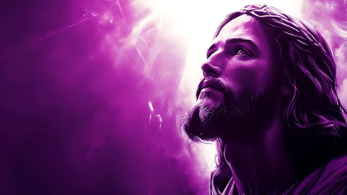 Luminescent violet portrait of reverent bearded figure ascending.