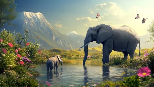 Elephants wander a tranquil alpine lake in glowing spring light