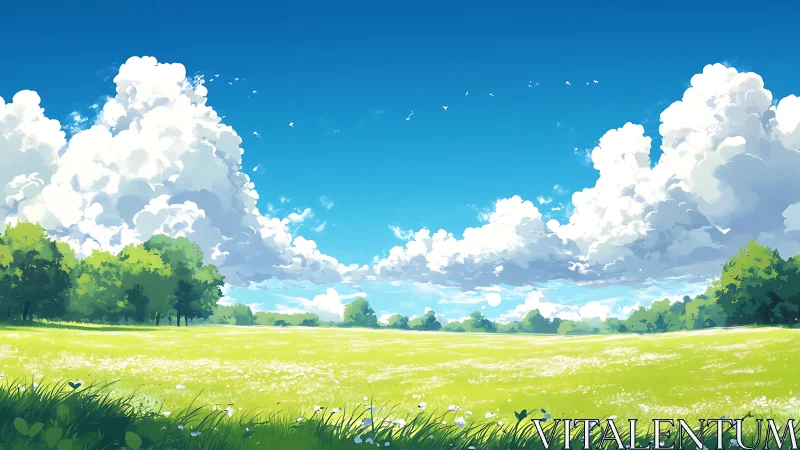 Cumulus cloud dynamics above luminant meadow panorama.