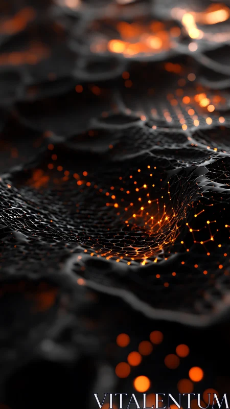 Glowing digital mesh ripples across dark abstract terrain.