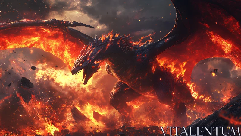 Volcanic dragon emerges mid-flight, framed by eruptive lava plumes