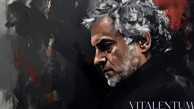 Profile portrait of older man in dark textured setting.