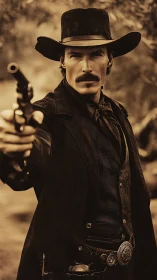Cowboy gunslinger aims revolver directly toward camera