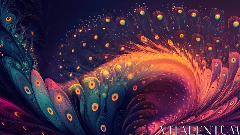 Fractal plume forms swirling peacock feather like arc