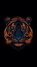 Neon tiger portrait glows against deep black background.