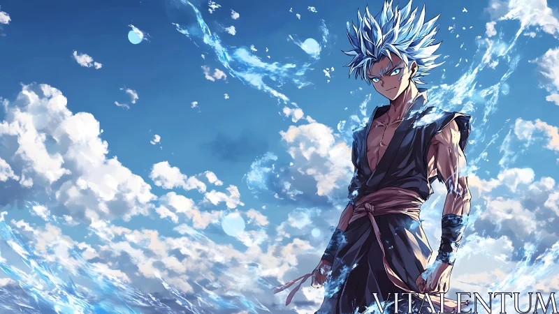 Stormborn anime warrior channeling blue celestial energy.