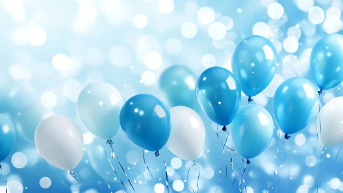 Blue and white balloons suspended against bokeh light background