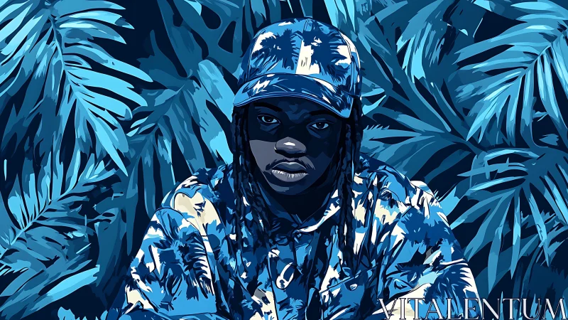 Digital portrait of person in blue foliage environment background.