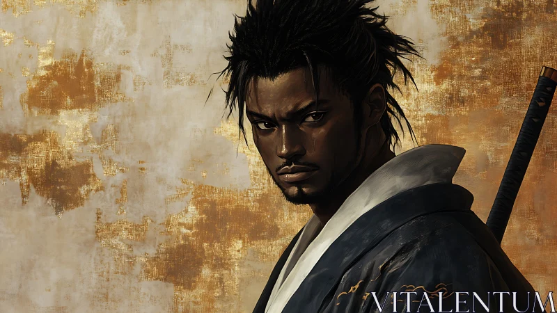 Samurai warrior portrait against distressed gold canvas.