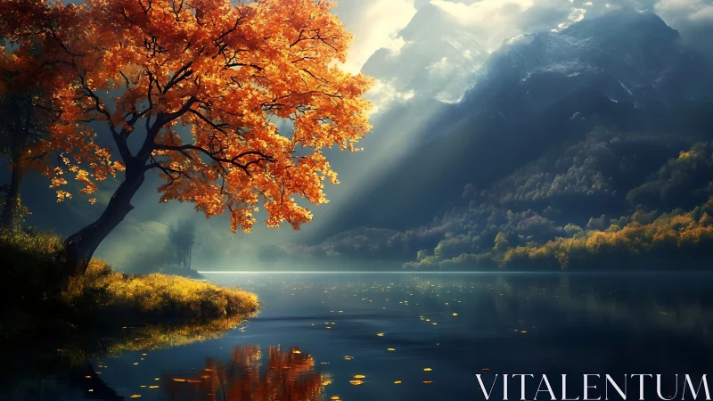 Autumn ember tree dreaming by a mist-lit mountain lake.