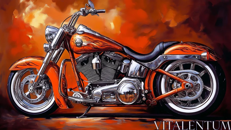 Custom orange cruiser motorcycle on abstract backdrop.