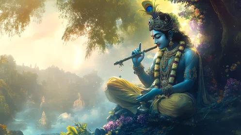 Blue divine flutist serenades a mist-veiled enchanted valley.