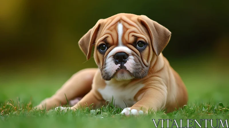 Velvet-eyed bulldog pup lounging on sunlit garden grass.