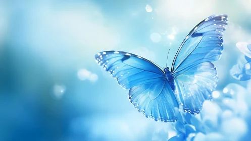 Blue butterfly on soft bokeh background in close view.
