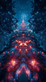 Glowing cosmic tree rising through dark forest night sky.