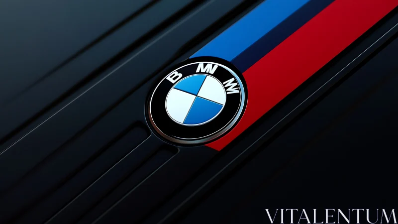BMW hood emblem with bold M tricolor stripe design.