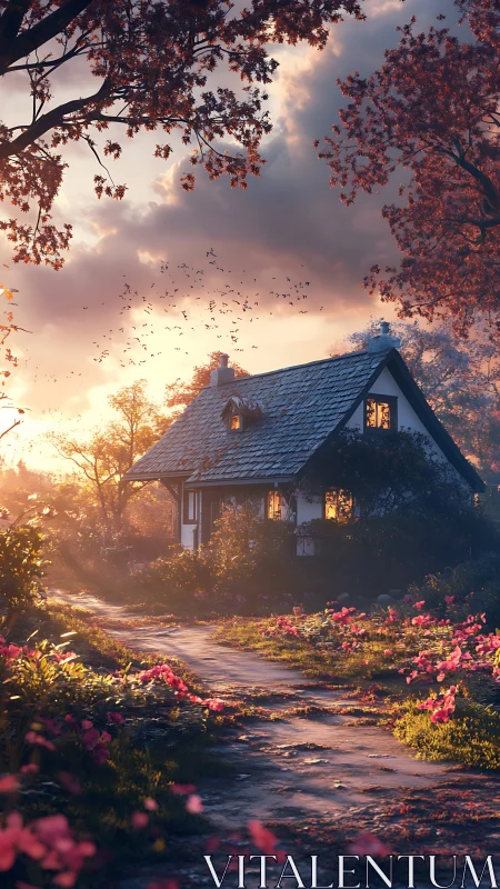 Golden hour warms a quiet cottage nestled in blooming woods