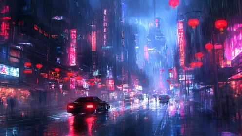 Neon-lit rainy city street with cars and high-rise buildings.
