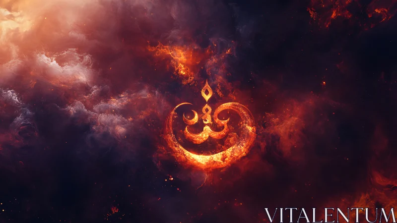 Fiery abstract symbol glowing in a dark cosmic nebula.