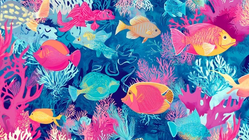 Colorful coral reef scene with stylized tropical fish.