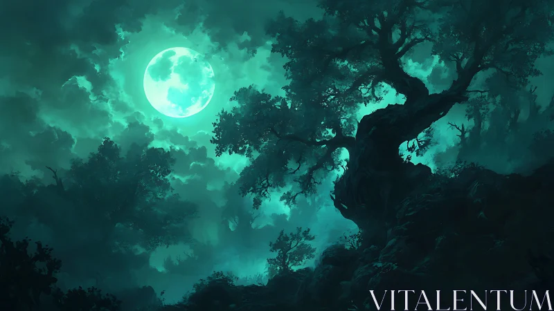 Moonlit haunted forest under vivid teal storm clouds.